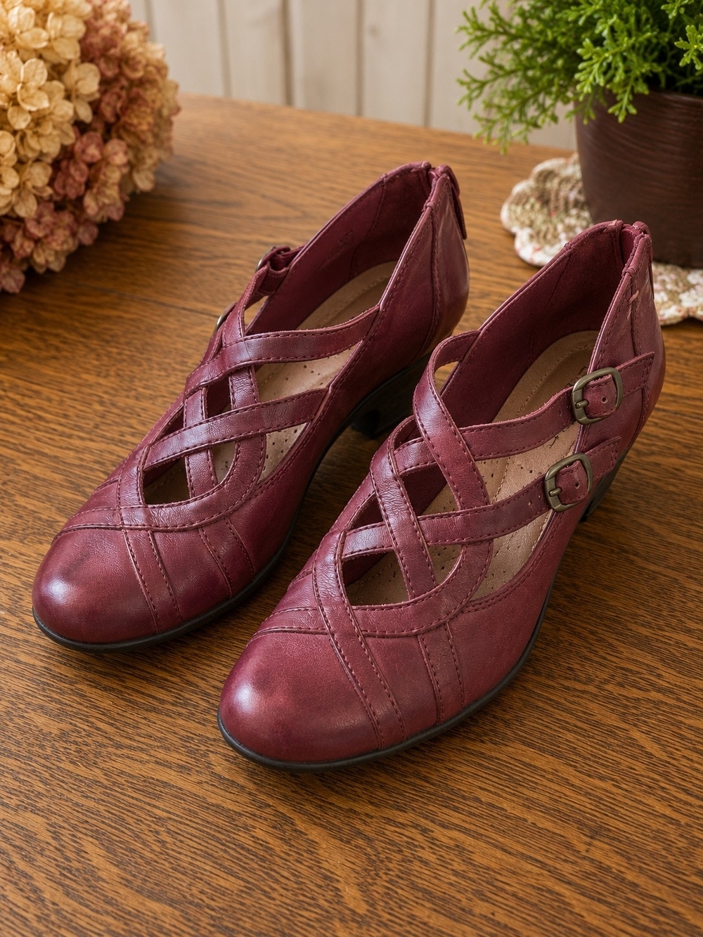 Rockport Cobb Hill Burgundy Leather Mary Jane Heels 8